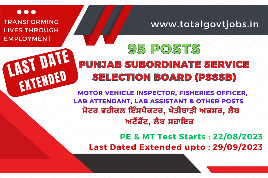 PSSSB Recruitment 2023 for 95 Posts Last Date Extended For Motor Vehicle Inspector Agriculture Officer Lab Attendant Lab Assistant And Other Posts