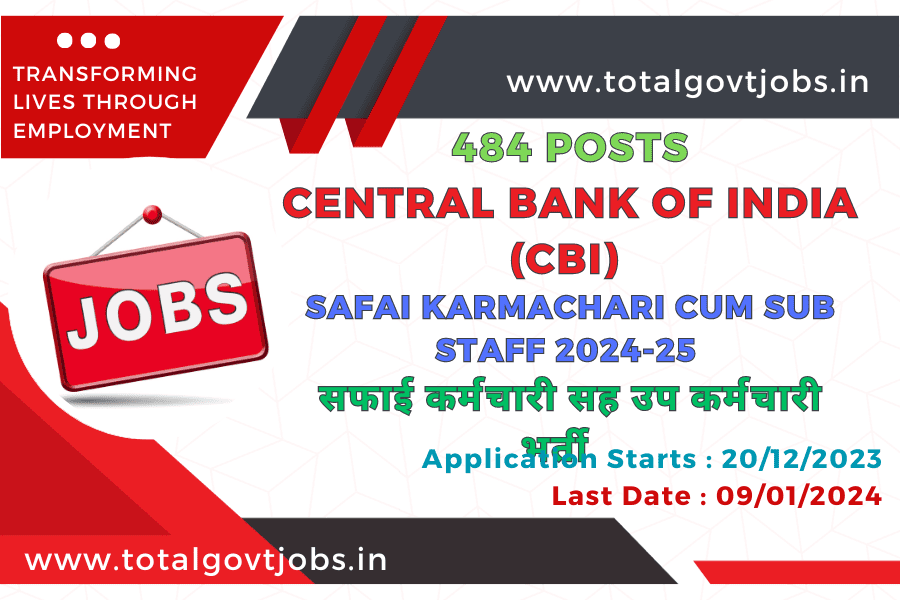 Central Bank Of India CBI RECRUITMENT OF SAFAI KARMACHARI CUM SUB STAFF 2024-25 / Central Bank Of India Recruitment 2023 Apply Online