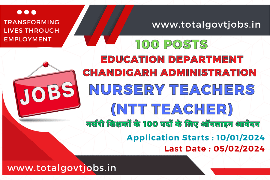 Education Department Chandigarh Administration Recruitment 2023 Nursery Teachers Apply Online For 100 Posts / NTT Teacher Vacancy / Nursery Teacher vacancy / Nursery Teacher Jobs Near me